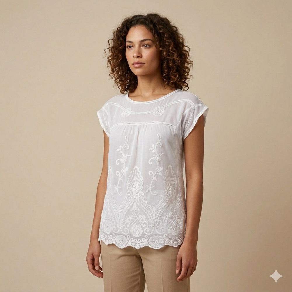 🚨SOLD🚨 Sundance S White Soft Girl Lace Embroidered Boho Cap Sleeve Blouse